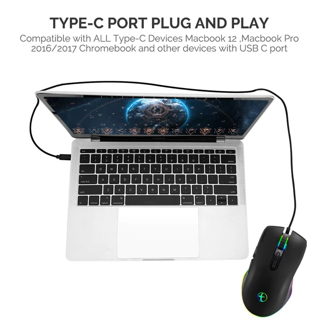 Alt view image 7 of 7 - Wired Type C Mouse Gaming Mice 3200 DPI for USB Type C Device Black | Wired Mouse Ergonomic 4 RGB Backlight Compatible with Matebook, Chromebook, Windows, Laptop and More USB Type C Devices