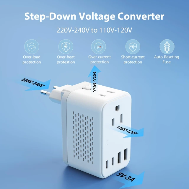 Alt view image 2 of 7 - 2000W 220V to 110V Voltage Converter US to Europe, Power Converter with Type C, A, G, I Plugs, 2 USB C & 2 USB A Ports, European Travel Converter for Hair Dryer, Curling Iron, Straightener, Chargers
