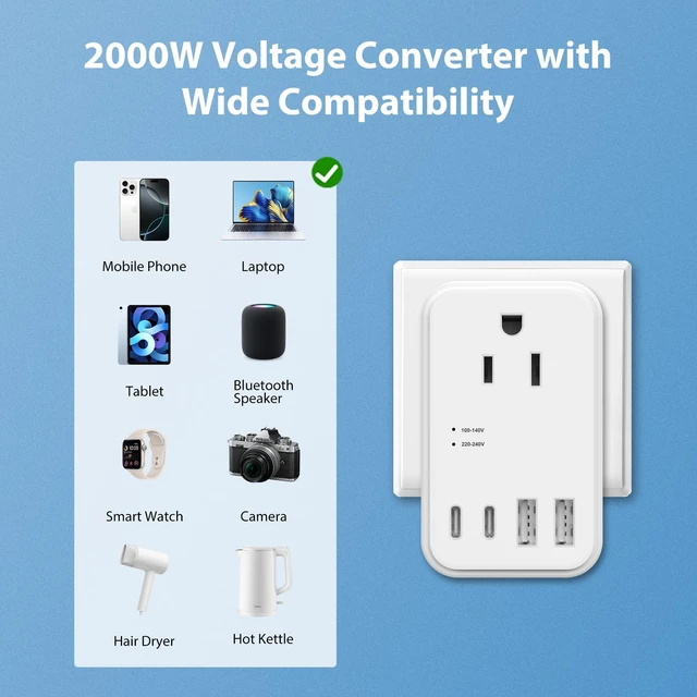 Alt view image 3 of 7 - 2000W 220V to 110V Voltage Converter US to Europe, Power Converter with Type C, A, G, I Plugs, 2 USB C & 2 USB A Ports, European Travel Converter for Hair Dryer, Curling Iron, Straightener, Chargers