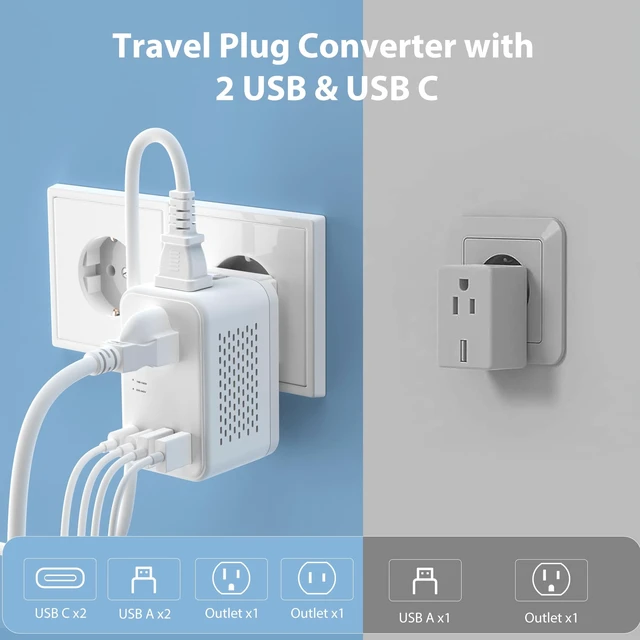 Alt view image 5 of 7 - 2000W 220V to 110V Voltage Converter US to Europe, Power Converter with Type C, A, G, I Plugs, 2 USB C & 2 USB A Ports, European Travel Converter for Hair Dryer, Curling Iron, Straightener, Chargers