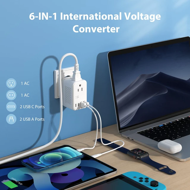 Alt view image 6 of 7 - 2000W 220V to 110V Voltage Converter US to Europe, Power Converter with Type C, A, G, I Plugs, 2 USB C & 2 USB A Ports, European Travel Converter for Hair Dryer, Curling Iron, Straightener, Chargers