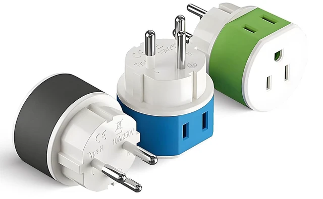 Main image of Israel, Palestine Power Plug Adapter with 2 USA Inputs - Travel 3 Pack - Type H (US-14) Safe Grounded Use with Cell Phones, Laptop, Camera Chargers, CPAP, and More