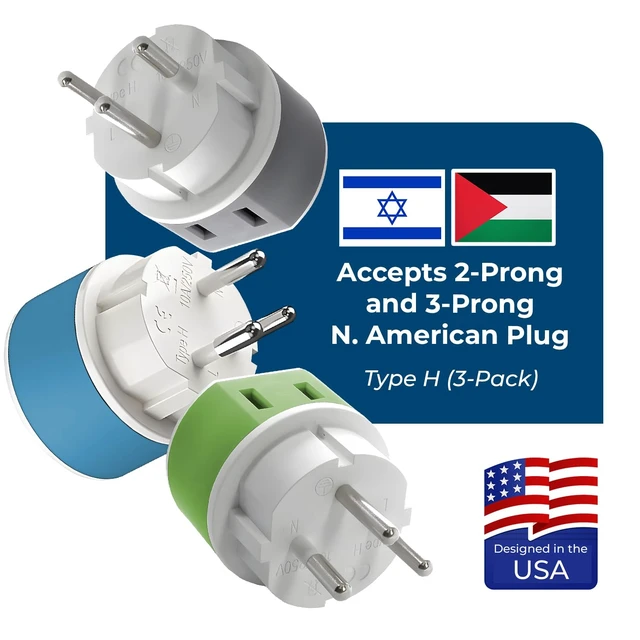Alt view image 2 of 7 - Israel, Palestine Power Plug Adapter with 2 USA Inputs - Travel 3 Pack - Type H (US-14) Safe Grounded Use with Cell Phones, Laptop, Camera Chargers, CPAP, and More