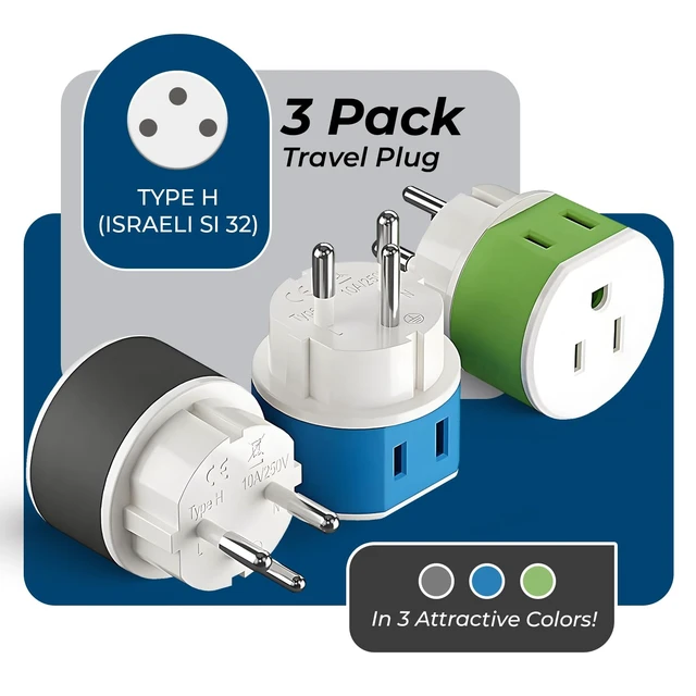 Alt view image 3 of 7 - Israel, Palestine Power Plug Adapter with 2 USA Inputs - Travel 3 Pack - Type H (US-14) Safe Grounded Use with Cell Phones, Laptop, Camera Chargers, CPAP, and More