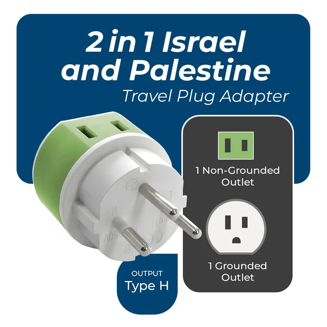 Alt view image 4 of 7 - Israel, Palestine Power Plug Adapter with 2 USA Inputs - Travel 3 Pack - Type H (US-14) Safe Grounded Use with Cell Phones, Laptop, Camera Chargers, CPAP, and More