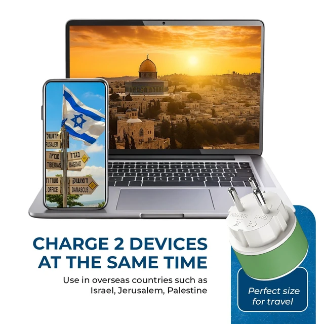 Alt view image 6 of 7 - Israel, Palestine Power Plug Adapter with 2 USA Inputs - Travel 3 Pack - Type H (US-14) Safe Grounded Use with Cell Phones, Laptop, Camera Chargers, CPAP, and More