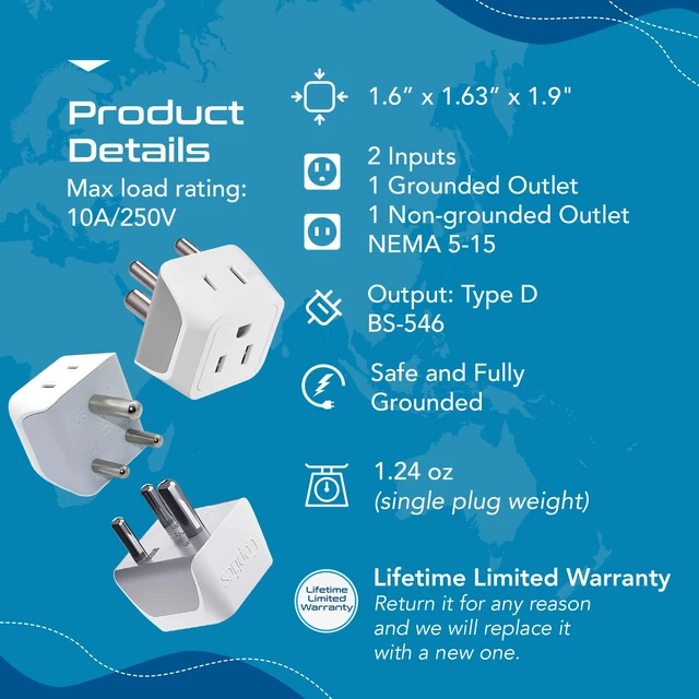 Alt view image 4 of 7 - US to India Plug Adapter works in Nepal, Maldives, Pakistan, India Power Adapter, Dual USA Input, Grounded Travel Adapter for Indian plug, Perfect for Phones, Laptop Chargers, 3 Pack (CT-10)