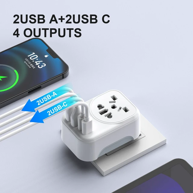 Alt view image 4 of 7 - World to US Canada Travel Plug Adapter, Universal Travel Adapter | Europe/China/Japan/Australia/UK to USA Power Adapter with 2 USB A and 2 USB C Ports, Wall Outlet Power Charger (1 Pack)