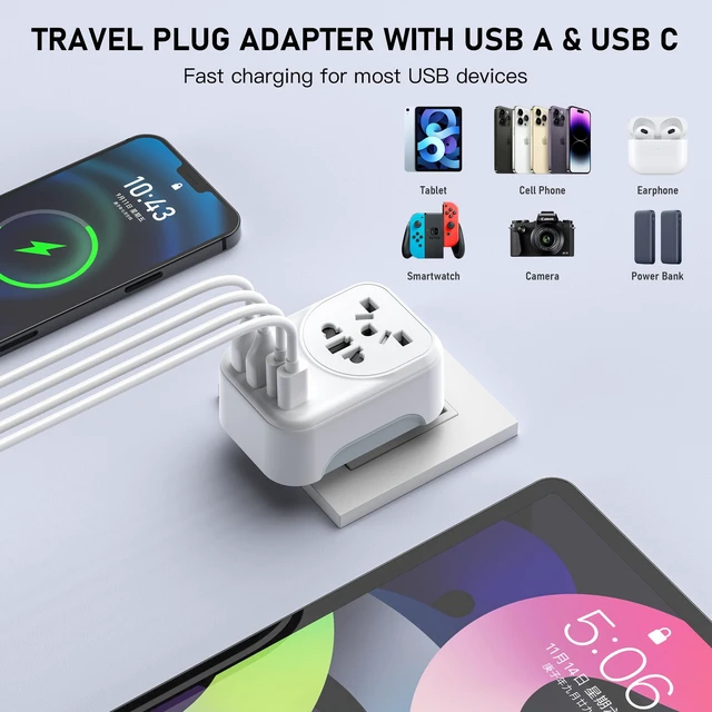 Alt view image 5 of 7 - World to US Canada Travel Plug Adapter, Universal Travel Adapter | Europe/China/Japan/Australia/UK to USA Power Adapter with 2 USB A and 2 USB C Ports, Wall Outlet Power Charger (1 Pack)