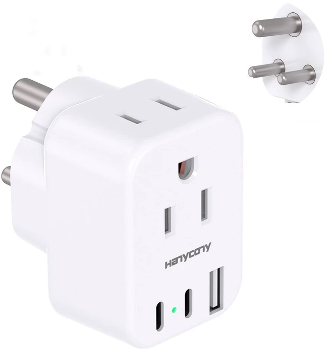 Main image of US to India Plug Adapter, Type D Travel Charger Power Adaptor Bangladesh | 2 AC Outlets 3 USB Ports (2 USB C), India Power Travel Adapter for USA to India, Bangladesh, Maldives, Pakistan, Sri Lanka