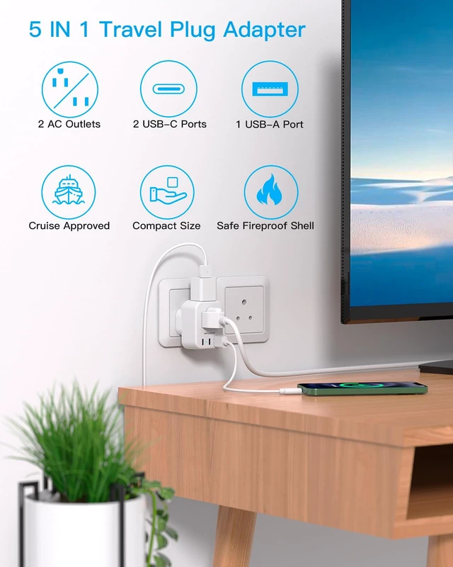 Alt view image 3 of 7 - US to India Plug Adapter, Type D Travel Charger Power Adaptor Bangladesh | 2 AC Outlets 3 USB Ports (2 USB C), India Power Travel Adapter for USA to India, Bangladesh, Maldives, Pakistan, Sri Lanka