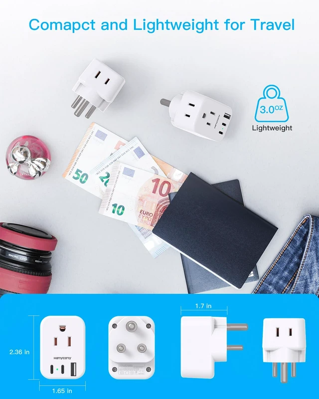 Alt view image 4 of 7 - US to India Plug Adapter, Type D Travel Charger Power Adaptor Bangladesh | 2 AC Outlets 3 USB Ports (2 USB C), India Power Travel Adapter for USA to India, Bangladesh, Maldives, Pakistan, Sri Lanka