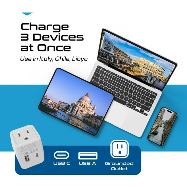 Alt view image 3 of 7 - Italy Travel Plug Adapter Type L Italy Power Adapter with USB-C & A + USA Input Compact, Safe Grounded for Phones, Laptops & More (CTU 12A)