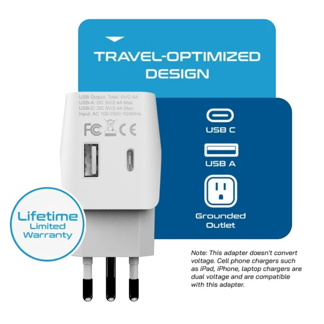 Alt view image 6 of 7 - Italy Travel Plug Adapter Type L Italy Power Adapter with USB-C & A + USA Input Compact, Safe Grounded for Phones, Laptops & More (CTU 12A)