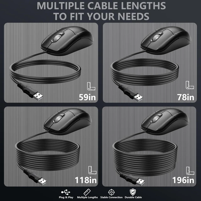 Alt view image 7 of 7 - Wired USB Mouse, 5FT Cable, 1200 DPI, 3-Button, Black | 500M Clicks, Ergonomic Shape, Comfortable Grip, Plug & Play for Windows and Mac, Ideal for Office, Home and PC.