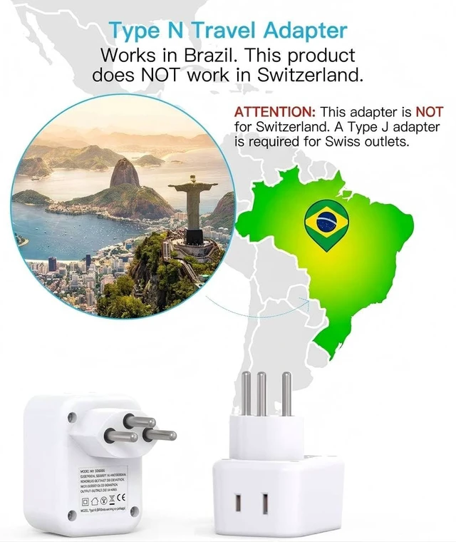 Alt view image 2 of 7 - US to Brazil Plug Adapter, Type N Travel Power Adapter, Plug Converter | Outlet Adapter for Brazil, 2 Outlets 3 USB Ports (2 USB C), Travel Adapter for US to Brazil Brazilian Brasil