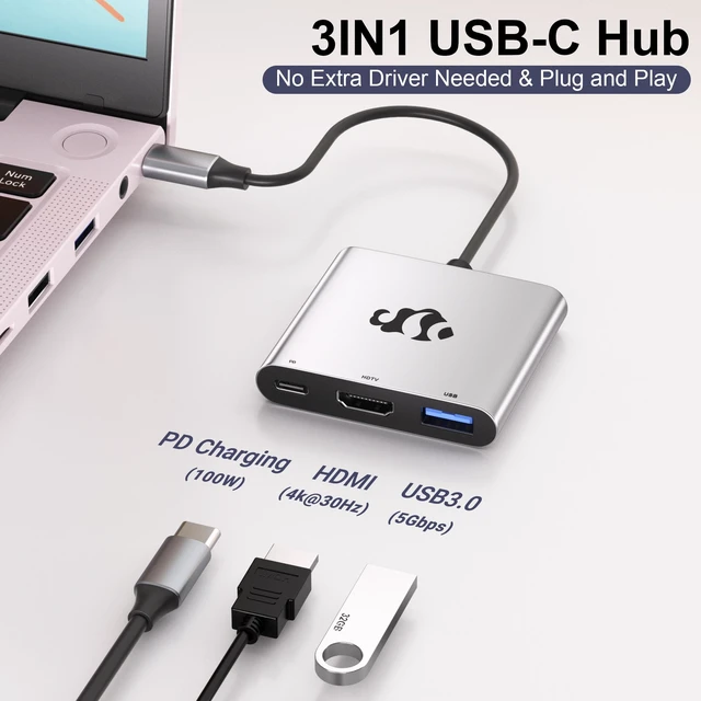 Alt view image 2 of 7 - USB C to HDMI Adapter, 3 in 1 Type-C Hub Converter to 4K Output, USB 3.0 Port, 100W PD Fast Charging Port, Digital AV, Multiport for Monitor, Laptop, Tablet, Smartphone Busines