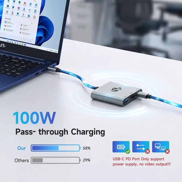 Alt view image 6 of 7 - USB C to HDMI Adapter, 3 in 1 Type-C Hub Converter to 4K Output, USB 3.0 Port, 100W PD Fast Charging Port, Digital AV, Multiport for Monitor, Laptop, Tablet, Smartphone Busines