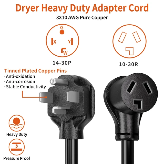Alt view image 2 of 7 - 1.5FT 3 Prong to 4 Prong Dryer Adapter, NEMA 14-30P to 10-30R | Old Clothes Dryer to New House Receptacle, Dryer Plug Adapter 3 to 4 Prong Outlet, STW 10 AWG, ETL Listed, 30AMP 125V/250V