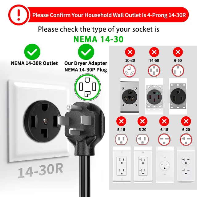 Alt view image 3 of 7 - 1.5FT 3 Prong to 4 Prong Dryer Adapter, NEMA 14-30P to 10-30R | Old Clothes Dryer to New House Receptacle, Dryer Plug Adapter 3 to 4 Prong Outlet, STW 10 AWG, ETL Listed, 30AMP 125V/250V