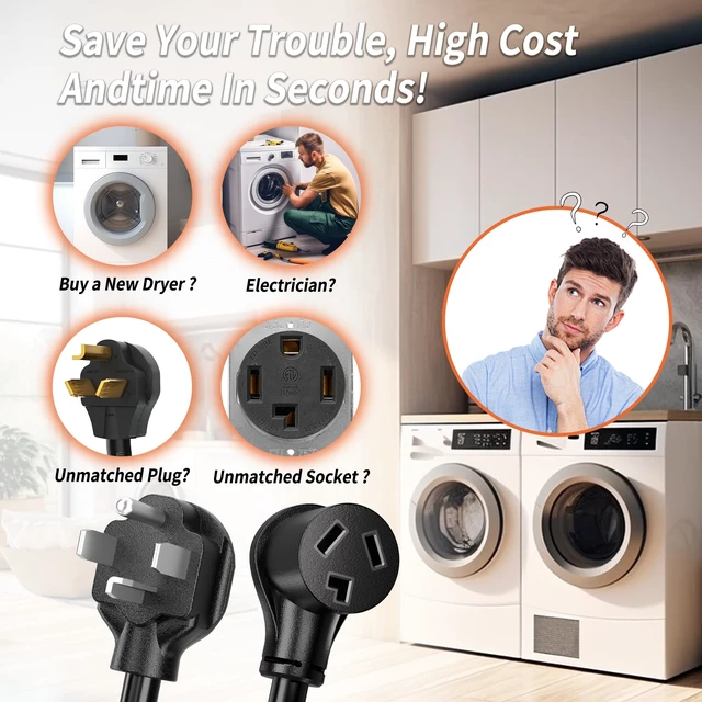 Alt view image 5 of 7 - 1.5FT 3 Prong to 4 Prong Dryer Adapter, NEMA 14-30P to 10-30R | Old Clothes Dryer to New House Receptacle, Dryer Plug Adapter 3 to 4 Prong Outlet, STW 10 AWG, ETL Listed, 30AMP 125V/250V