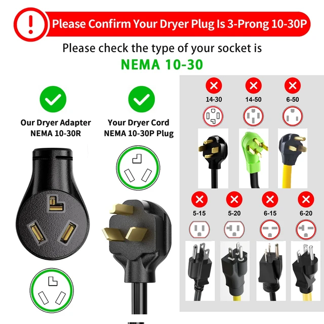 Alt view image 4 of 7 - 1.5FT 3 Prong to 4 Prong Dryer Adapter, NEMA 14-30P to 10-30R | Old Clothes Dryer to New House Receptacle, Dryer Plug Adapter 3 to 4 Prong Outlet, STW 10 AWG, ETL Listed, 30AMP 125V/250V