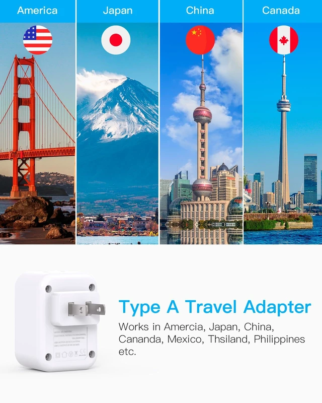 Alt view image 2 of 6 - US to Japan Plug Adapter, Type A Power Travel Adapter, Travel essentials | 2 Outlets 3 USB Ports(2 USB C), Outlet Adapter for American USA to Japanese China Canada Mexico Philippines Peru