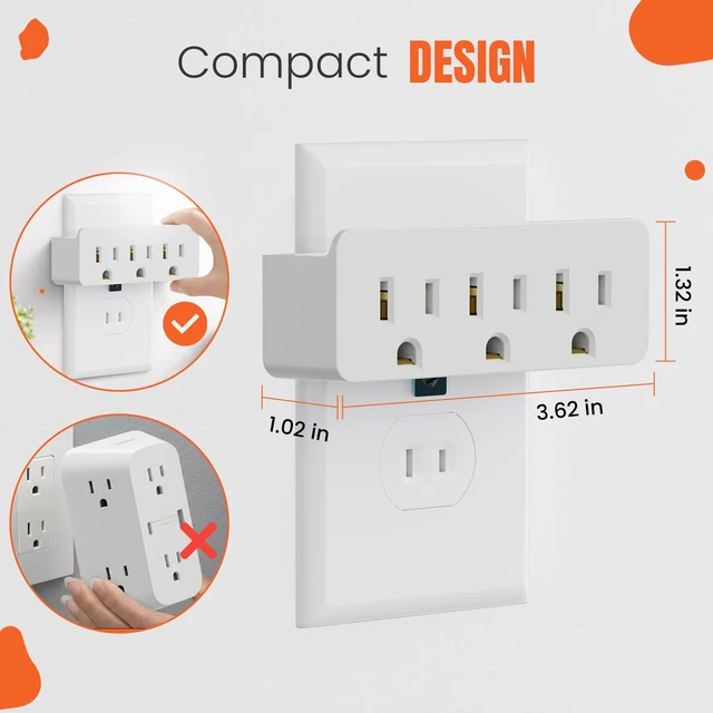 Alt view image 3 of 7 - 2-Prong to 3-Prong Outlet Adapter, Polarized Triple Outlet Converter, Plug Extender Power Strip, Turn 2-Prong Outlet to 3 Ground Outlets, Wall Plug Splitter with 3 AC Outlets, ETL Listed, 1875W, White
