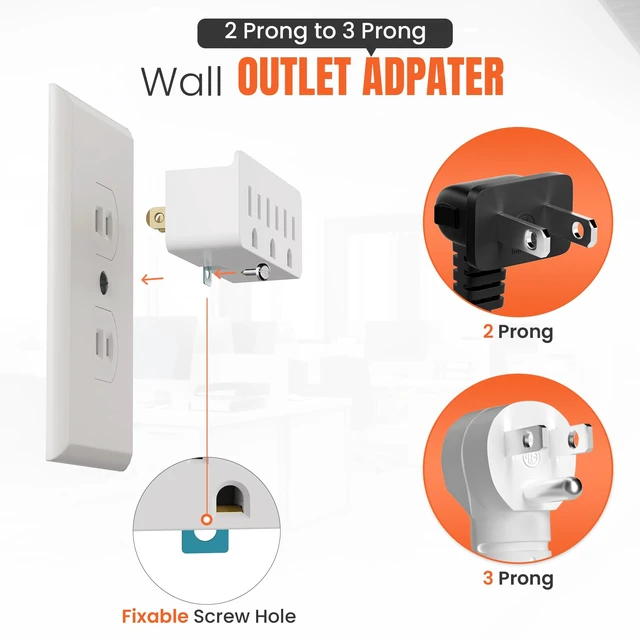 Alt view image 2 of 7 - 2-Prong to 3-Prong Outlet Adapter, Polarized Triple Outlet Converter, Plug Extender Power Strip, Turn 2-Prong Outlet to 3 Ground Outlets, Wall Plug Splitter with 3 AC Outlets, ETL Listed, 1875W, White