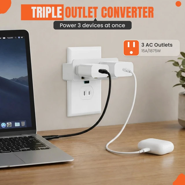 Alt view image 5 of 7 - 2-Prong to 3-Prong Outlet Adapter, Polarized Triple Outlet Converter, Plug Extender Power Strip, Turn 2-Prong Outlet to 3 Ground Outlets, Wall Plug Splitter with 3 AC Outlets, ETL Listed, 1875W, White