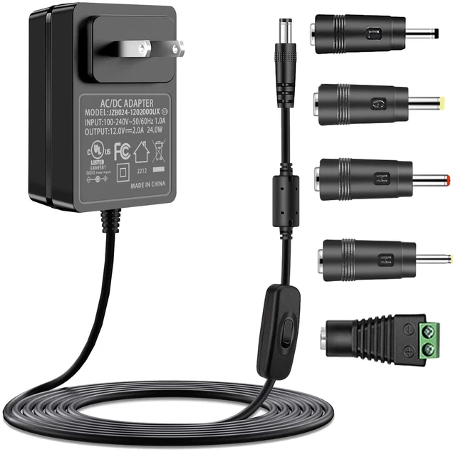 Main image of 12V 2A Power Supply Adapter with ON/Off Switch, AC 100-240V 50-60Hz, fits 12Vdc 2000ma 2.0a 1500ma 1.5a 1200ma 1.2a 1000ma 1.0a 500ma 0.5a LED Strip Light Hard Drive CCTV Camera Keyboard.