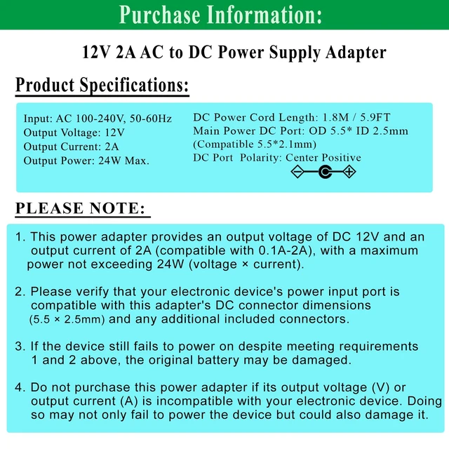 Alt view image 2 of 7 - 12V 2A Power Supply Adapter with ON/Off Switch, AC 100-240V 50-60Hz, fits 12Vdc 2000ma 2.0a 1500ma 1.5a 1200ma 1.2a 1000ma 1.0a 500ma 0.5a LED Strip Light Hard Drive CCTV Camera Keyboard.