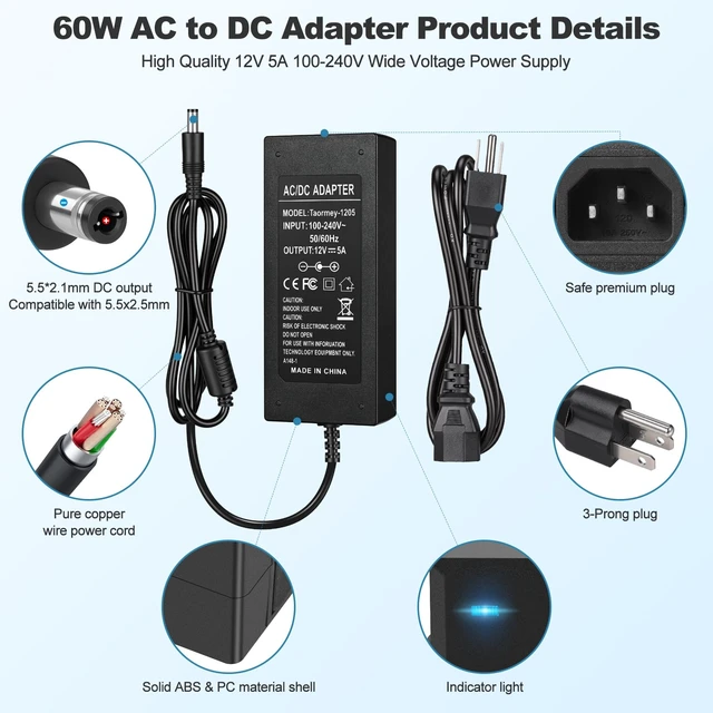 Alt view image 4 of 7 - 12V 5A Power Supply 60W Universal Regulated AC/DC Adapter Driver | AC 100-240V to 12 Volt 5A DC Converter Transformer Switching Power Supply, 5.5x2.1mm Plug for LED Strip CCTV Router Monitor