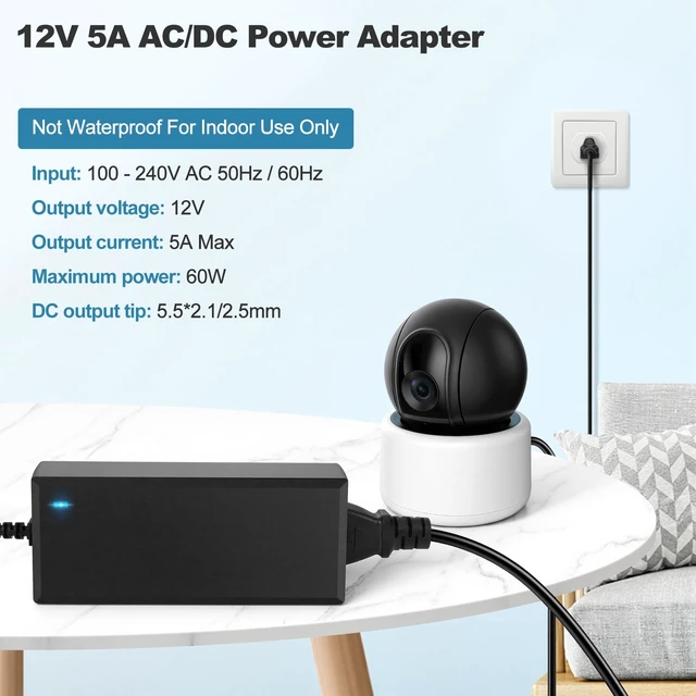 Alt view image 5 of 7 - 12V 5A Power Supply 60W Universal Regulated AC/DC Adapter Driver | AC 100-240V to 12 Volt 5A DC Converter Transformer Switching Power Supply, 5.5x2.1mm Plug for LED Strip CCTV Router Monitor