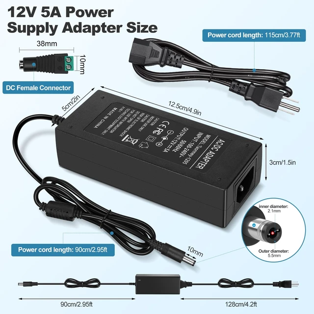 Alt view image 2 of 7 - 12V 5A Power Supply 60W Universal Regulated AC/DC Adapter Driver | AC 100-240V to 12 Volt 5A DC Converter Transformer Switching Power Supply, 5.5x2.1mm Plug for LED Strip CCTV Router Monitor