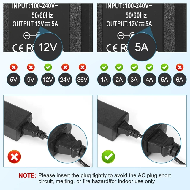 Alt view image 6 of 7 - 12V 5A Power Supply 60W Universal Regulated AC/DC Adapter Driver | AC 100-240V to 12 Volt 5A DC Converter Transformer Switching Power Supply, 5.5x2.1mm Plug for LED Strip CCTV Router Monitor
