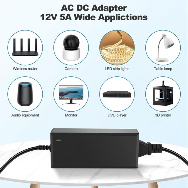 Alt view image 7 of 7 - 12V 5A Power Supply 60W Universal Regulated AC/DC Adapter Driver | AC 100-240V to 12 Volt 5A DC Converter Transformer Switching Power Supply, 5.5x2.1mm Plug for LED Strip CCTV Router Monitor