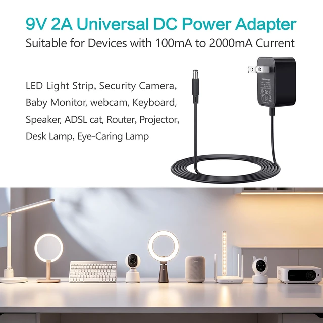 Alt view image 2 of 7 - 9V 2A Power Supply 9 Volts 2 Amps AC Adapter for 100mA-2000mA Electronics | 8 DC Tips, 18W Cord Charger for 300mA 400mA 500mA 600mA 700mA 800mA 900mA 1000mA 1500mA 2000mA Transformer, UL Listed, 6 Ft