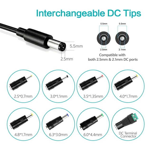 Alt view image 4 of 7 - 9V 2A Power Supply 9 Volts 2 Amps AC Adapter for 100mA-2000mA Electronics | 8 DC Tips, 18W Cord Charger for 300mA 400mA 500mA 600mA 700mA 800mA 900mA 1000mA 1500mA 2000mA Transformer, UL Listed, 6 Ft