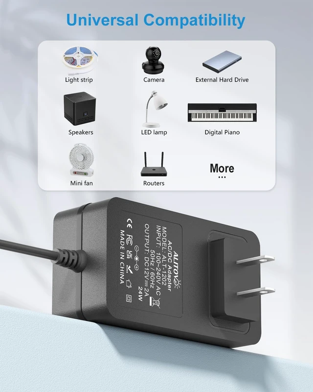Alt view image 3 of 7 - 12V 2A Power Supply 24W AC/DC Adapter 100-240V 50/60Hz 12 Volt Transformer DC12V Power Cord 6.5ft 5.5x2.5mm Plug for Yamaha Keyboard Digital Piano LED Light CCTV Camera External Hard Drive