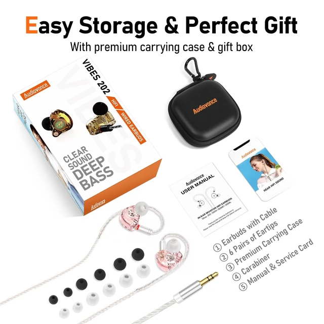 Alt view image 6 of 7 - Vibes 202 HiFi Wired Earbuds, IEM in-Ear Monitor Headphones | Clear Sound, Deep Bass, Noise-Isolating Ear Buds, Silver-Plated Cord, Comfort Fit, Gaming IEM Earphones, Case, 3.5mm No MIC