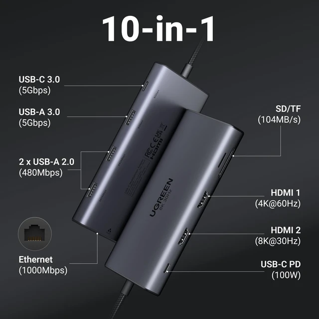 Alt view image 2 of 7 - USB C Docking Station Dual Monitor, 10-in-1 Laptop Dock with 2 HDMI | Dual 4K@60Hz, 5Gbps USB C&A Ports, 100W PD, 1G Ethernet, SD/TF 3.0, Revodok Pro Aluminum USB-C Dock for Dell/HP/Lenovo
