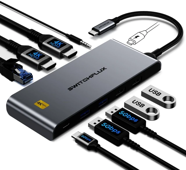 Main image of USB C Docking Station Dual Monitor, 10-in-1 USBC Hub with 2 HDMI | Laptop USB C Dock 4K@30Hz Display,100W PD,5Gbps USB A&C,1Gbps Ethernet Compatible for USB C Laptops, Dell, HP, and More