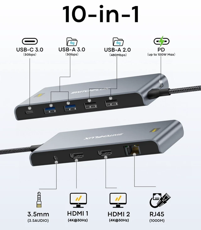 Alt view image 2 of 7 - USB C Docking Station Dual Monitor, 10-in-1 USBC Hub with 2 HDMI | Laptop USB C Dock 4K@30Hz Display,100W PD,5Gbps USB A&C,1Gbps Ethernet Compatible for USB C Laptops, Dell, HP, and More