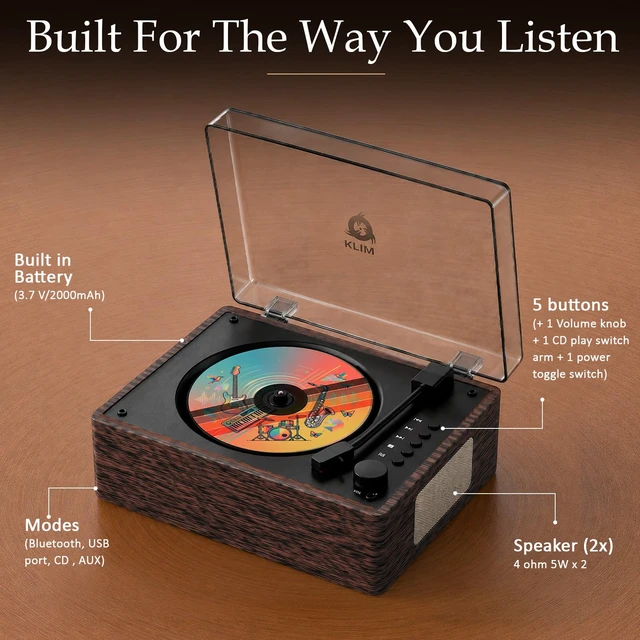 Alt view image 2 of 7 - Heritage Bluetooth CD Player with Speakers, USB, Headphone Jack Compact All-in-One Design Fits Shelves, Desks, Bedside Tables, Includes AUX Input, Top-Loading Lid - Wood
