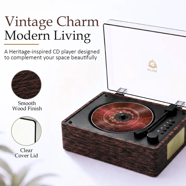 Alt view image 3 of 7 - Heritage Bluetooth CD Player with Speakers, USB, Headphone Jack Compact All-in-One Design Fits Shelves, Desks, Bedside Tables, Includes AUX Input, Top-Loading Lid - Wood