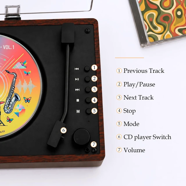 Alt view image 4 of 7 - Heritage Bluetooth CD Player with Speakers, USB, Headphone Jack Compact All-in-One Design Fits Shelves, Desks, Bedside Tables, Includes AUX Input, Top-Loading Lid - Wood