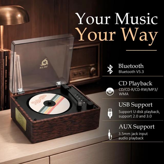 Alt view image 6 of 7 - Heritage Bluetooth CD Player with Speakers, USB, Headphone Jack Compact All-in-One Design Fits Shelves, Desks, Bedside Tables, Includes AUX Input, Top-Loading Lid - Wood