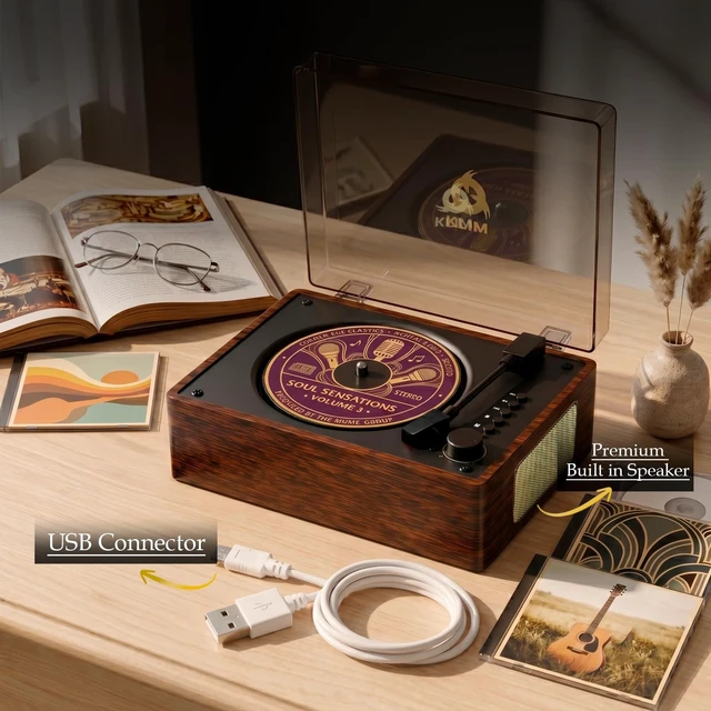 Alt view image 7 of 7 - Heritage Bluetooth CD Player with Speakers, USB, Headphone Jack Compact All-in-One Design Fits Shelves, Desks, Bedside Tables, Includes AUX Input, Top-Loading Lid - Wood