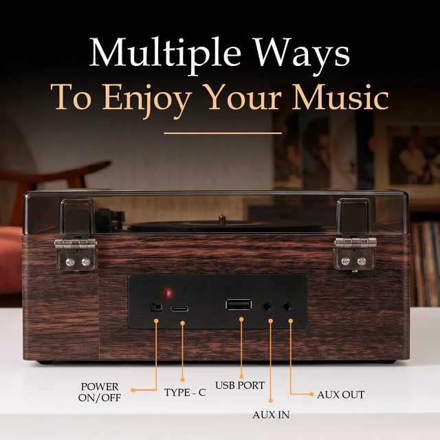 Alt view image 5 of 7 - Heritage Bluetooth CD Player with Speakers, USB, Headphone Jack Compact All-in-One Design Fits Shelves, Desks, Bedside Tables, Includes AUX Input, Top-Loading Lid - Wood